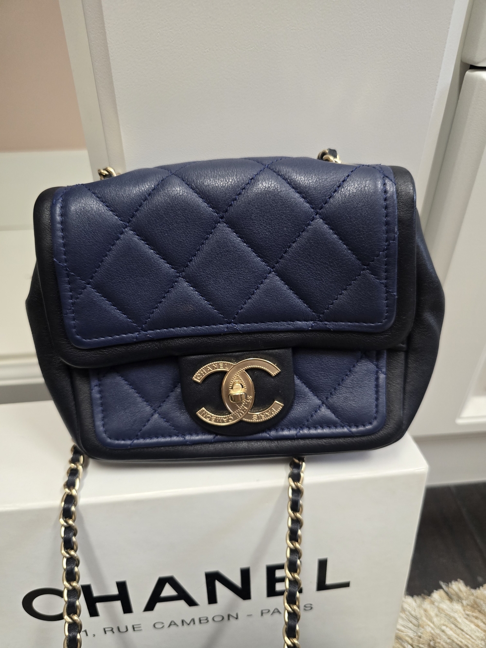 Chanel Quilted Navy Lambskin Mini Bag with Gold CC Turnlock